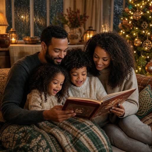 Family Reading Christmas Books at Night