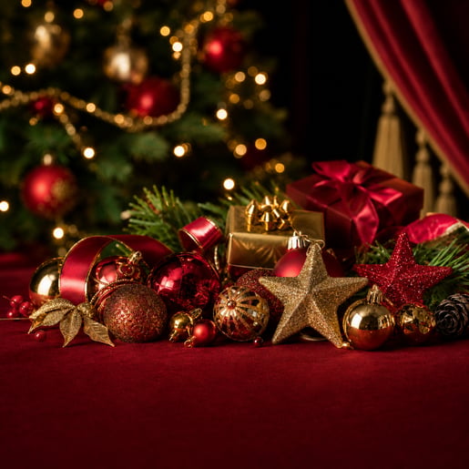 Festive Christmas Decorations Laid Out in front of a Tree